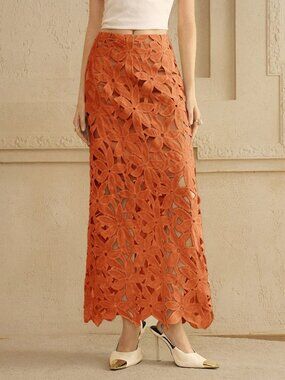 Orange Elegant Women's Floral Cutout A-Line - Date Floral Lace, Openwork Skirt